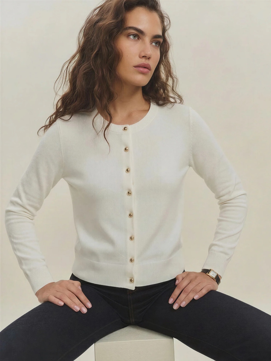 Crew Neck Button Down Cardigan - Ivory